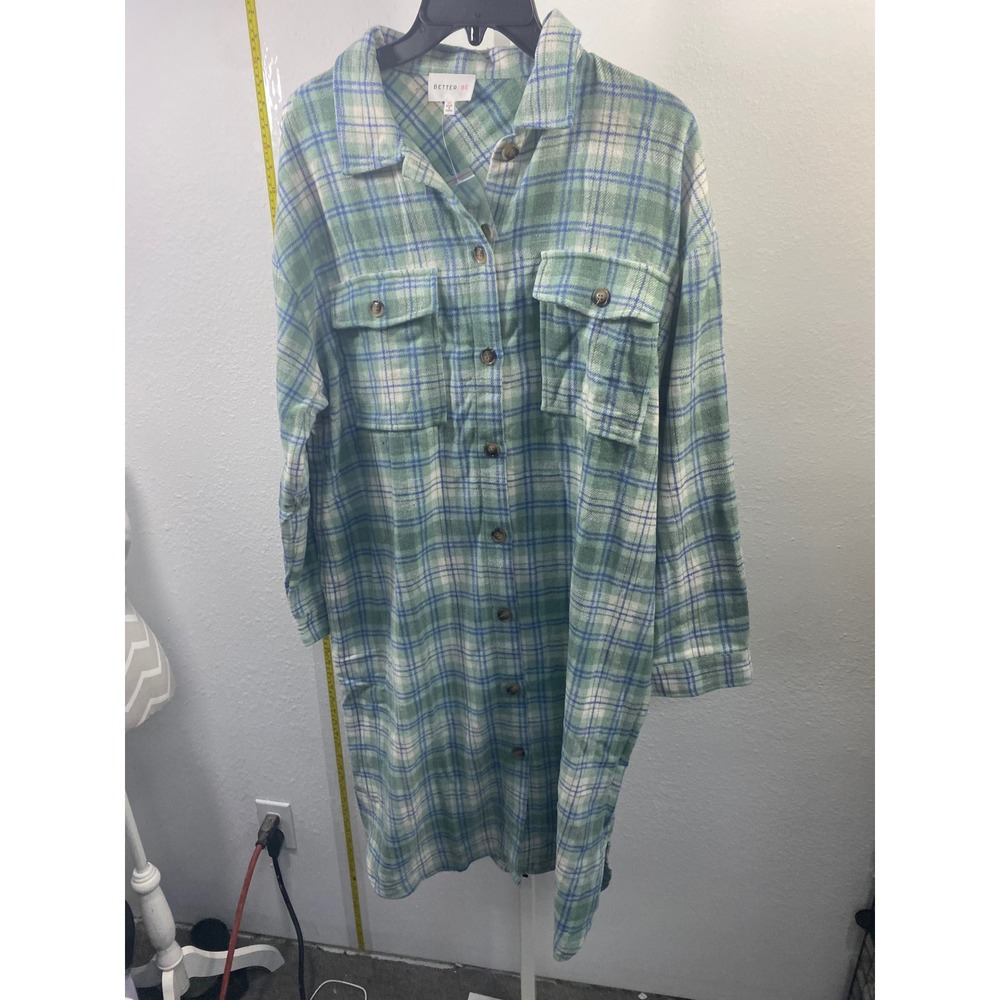 Better Be Green Blue Plaid Shacket Shirt Dress Long Sleeve Flannel M/L